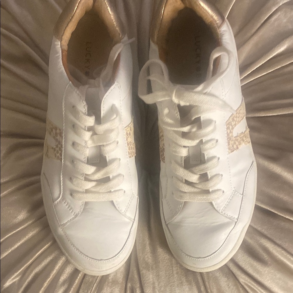 🎀 Lucky Brand Hinta Sneakers Women's Size 8 White Gold Leather Athletic Shoes